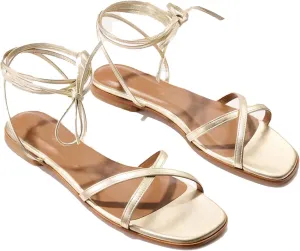 Strappy Flats Sandals for Women Leather Lace Up Flat Sandals Gladiator Square Toe Casual Beach Summer Shoes