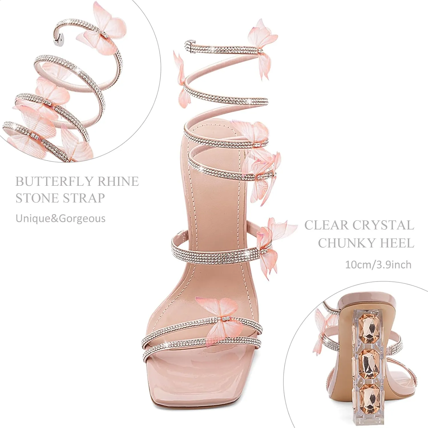 Strappy Heels for Women Rhinestone Crystal High Block Heeled Sandals Square Open Toe Sparkly Dress Prom Heels Shoes for Party Wedding