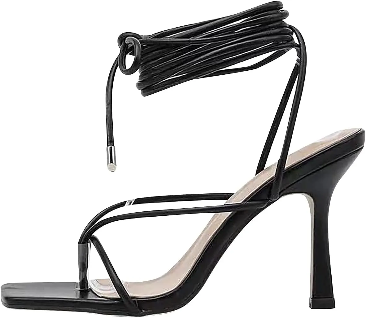 Strappy Stiletto Sandals for Women Fashion Cross Straps Lace up Square Toe Clip Toe Thin High Heels Summer Comfortable Casual Ladies Shoes