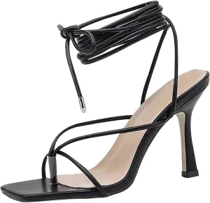 Strappy Stiletto Sandals for Women Fashion Cross Straps Lace up Square Toe Clip Toe Thin High Heels Summer Comfortable Casual Ladies Shoes
