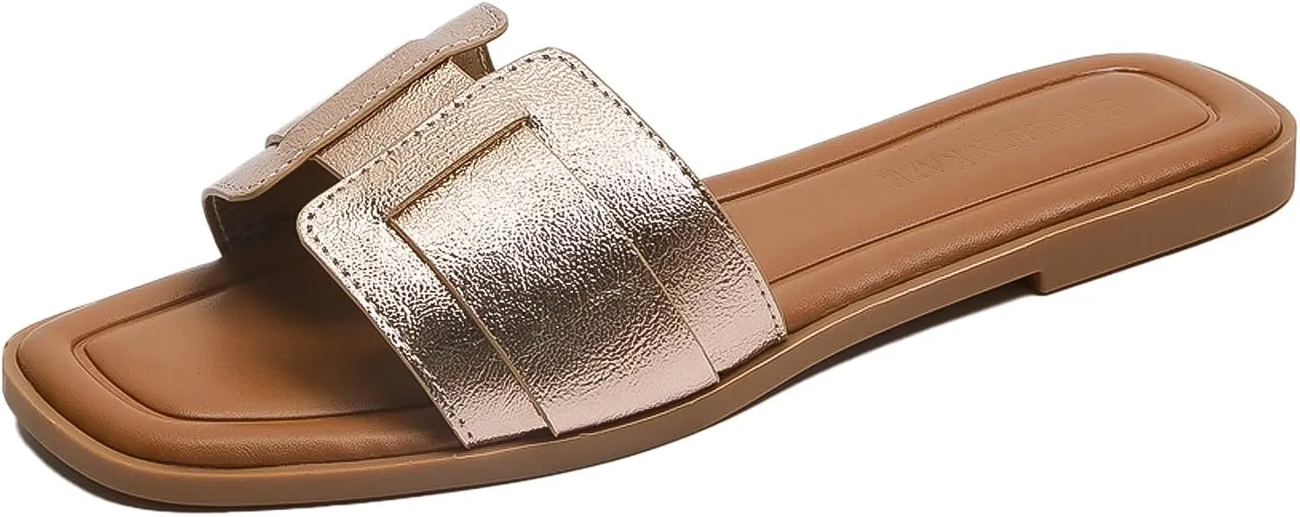 Stratuxx Kaze Womens Flat Sandals Flat Slide Sandals White,Black, Brown,Metallic Flat Sandals Leopard