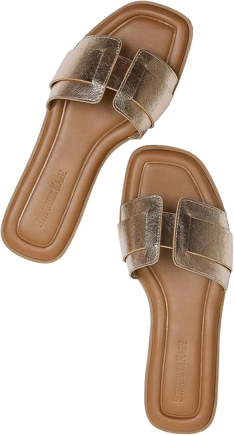 Stratuxx Kaze Womens Flat Sandals Flat Slide Sandals White,Black, Brown,Metallic Flat Sandals Leopard