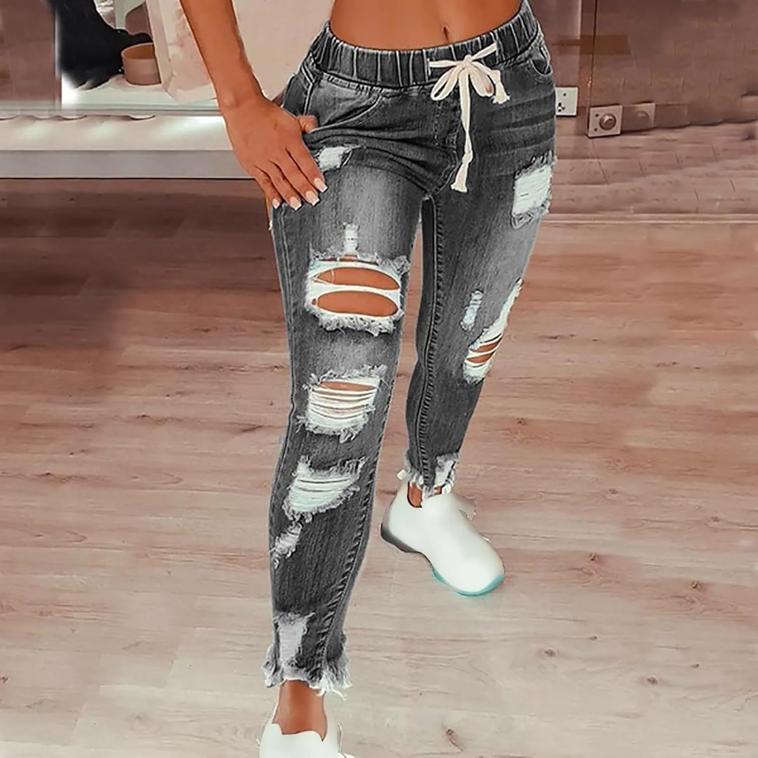 Stretchy Jeans for Women Drawstring High Waisted Ripped Boyfriend Jeans Petite Pull On Denim Ankle Pants with Pockets