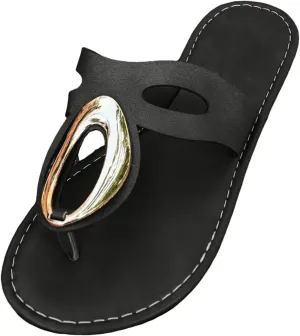 SuanlaTDS Flat Flip Flops for Women Thong Sandals 2025 Dressy Metal Decoration T-Strap Open Toe Slip On Slides Slippers Flats Summer Comfortable Low Heel Walking Bohemian Outdoor Beach Shoes