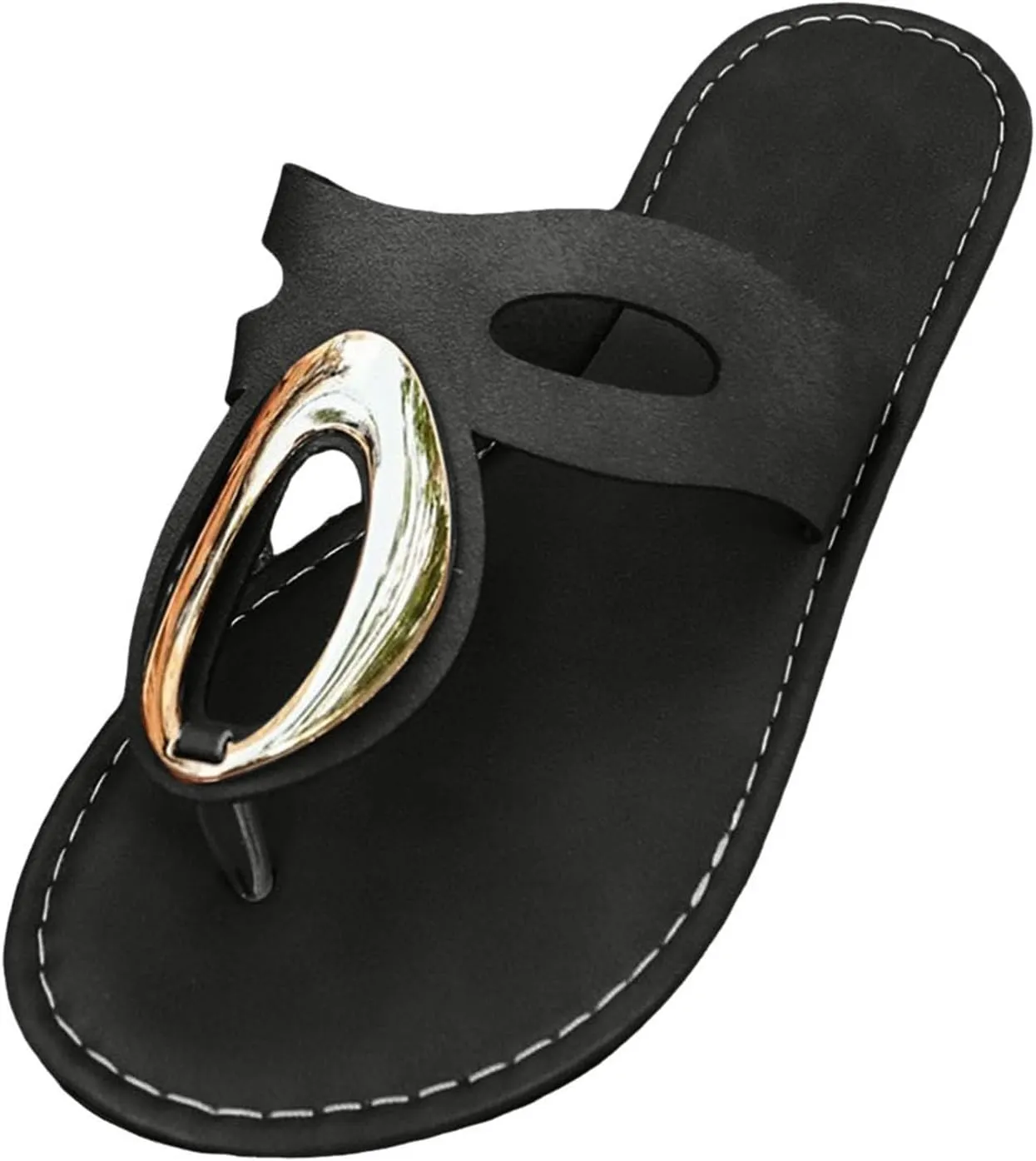 SuanlaTDS Flat Flip Flops for Women Thong Sandals 2025 Dressy Metal Decoration T-Strap Open Toe Slip On Slides Slippers Flats Summer Comfortable Low Heel Walking Bohemian Outdoor Beach Shoes