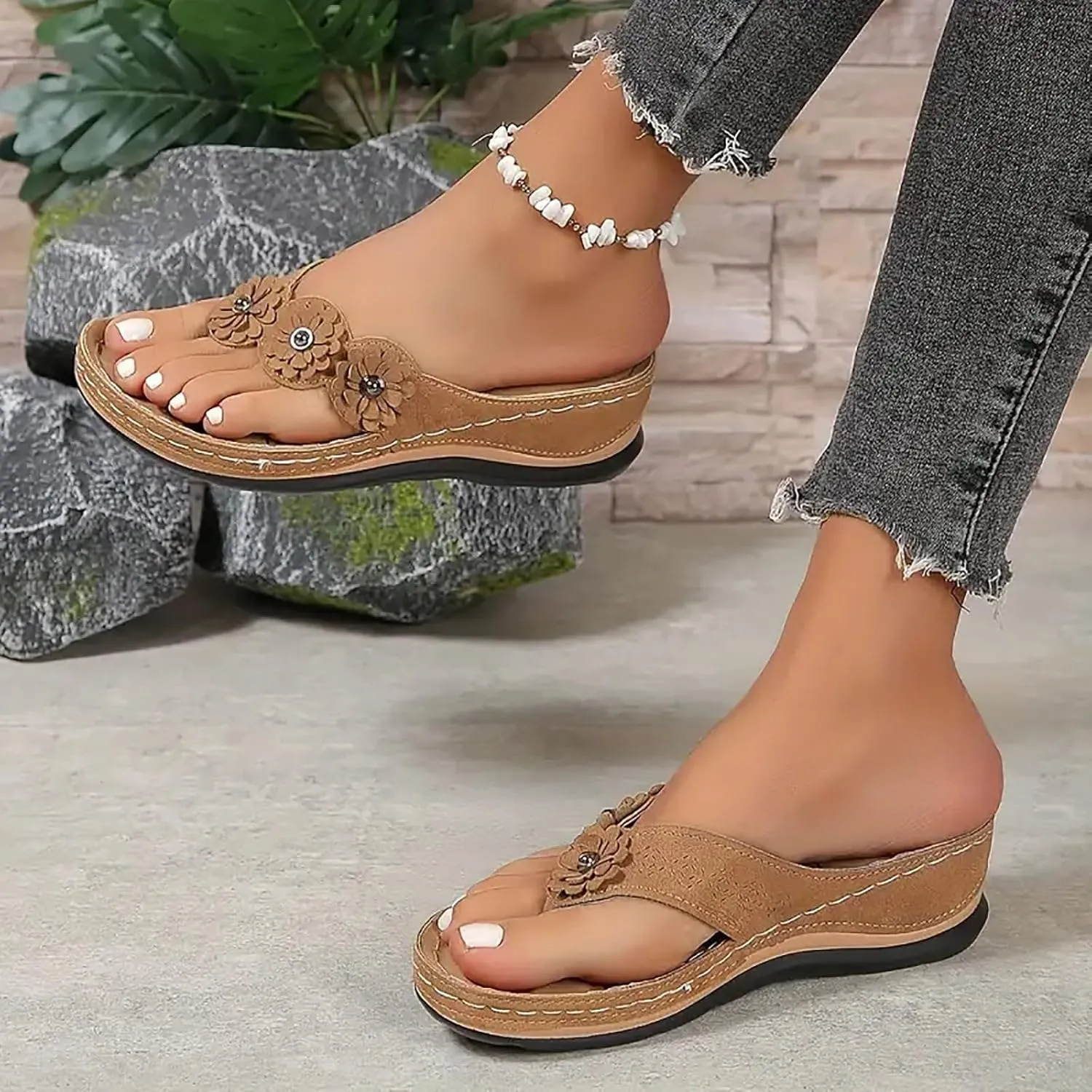 SuanlaTDS Orthopedic Sandals for Women, Women Dressy Summer Comfortable Wedge Platform Slip On Thong Sandals with Arch Support Flip Flops Wide Width Casual Walking SIides Sandals Slippers