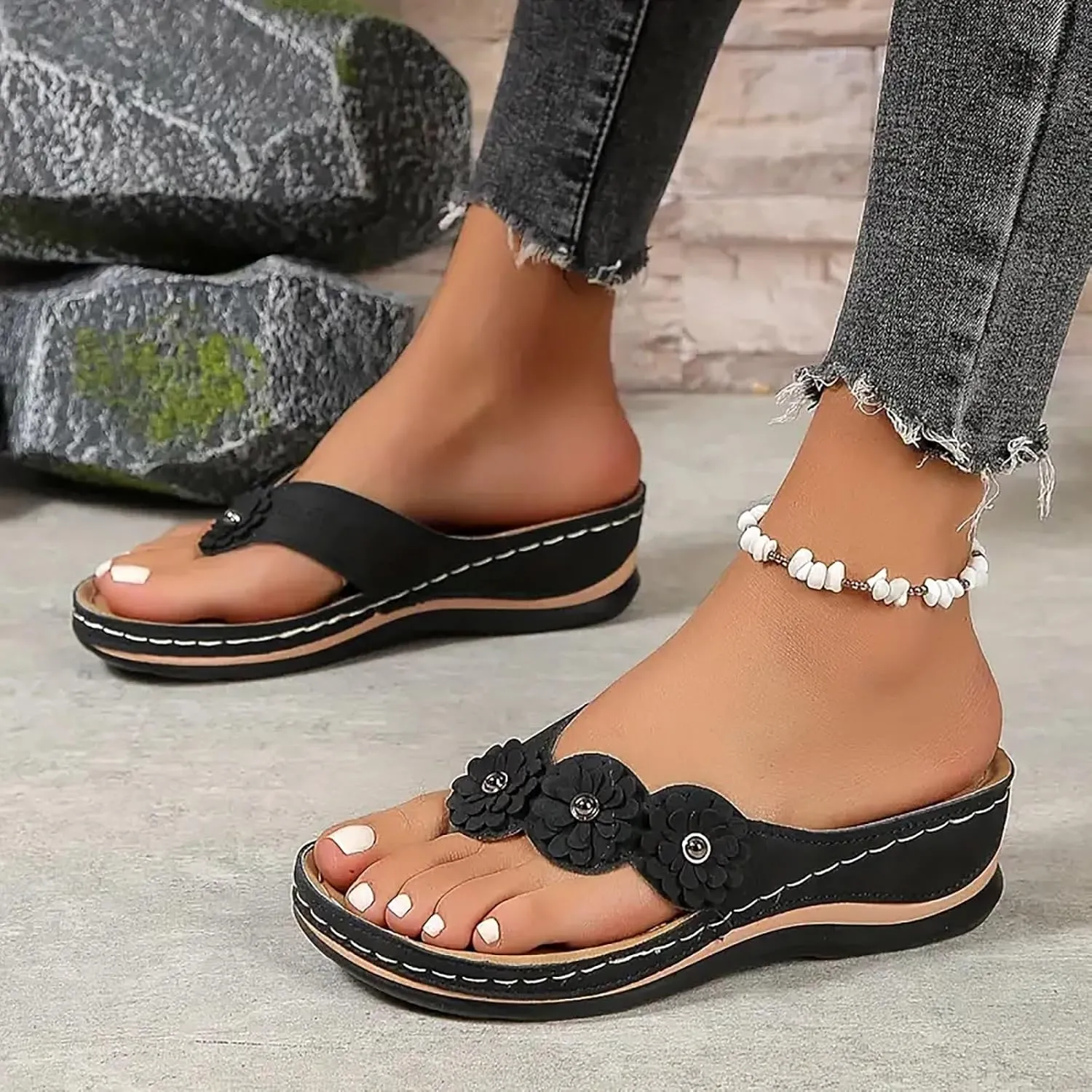 SuanlaTDS Orthopedic Sandals for Women, Women Dressy Summer Comfortable Wedge Platform Slip On Thong Sandals with Arch Support Flip Flops Wide Width Casual Walking SIides Sandals Slippers