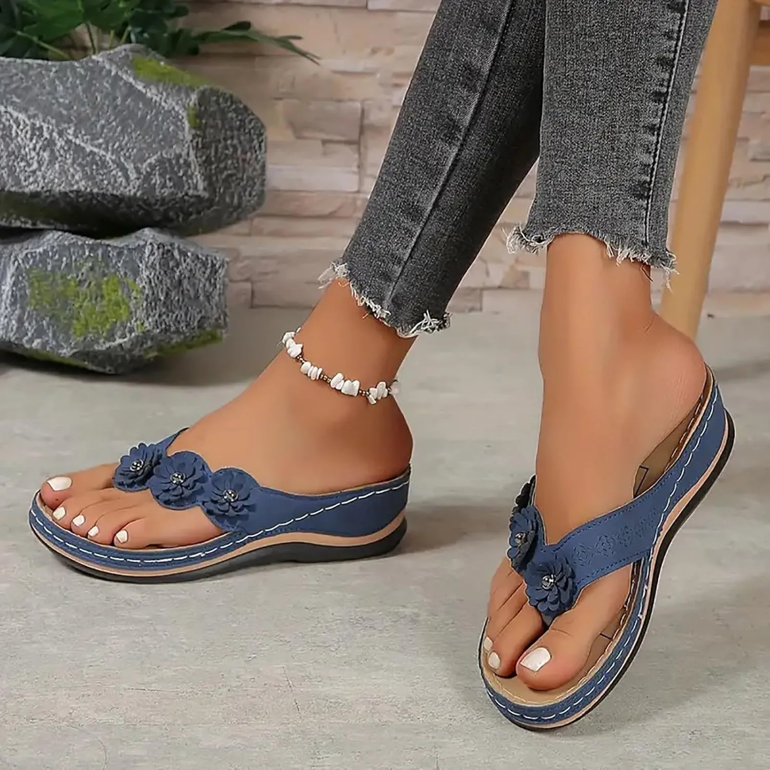 SuanlaTDS Orthopedic Sandals for Women, Women Dressy Summer Comfortable Wedge Platform Slip On Thong Sandals with Arch Support Flip Flops Wide Width Casual Walking SIides Sandals Slippers