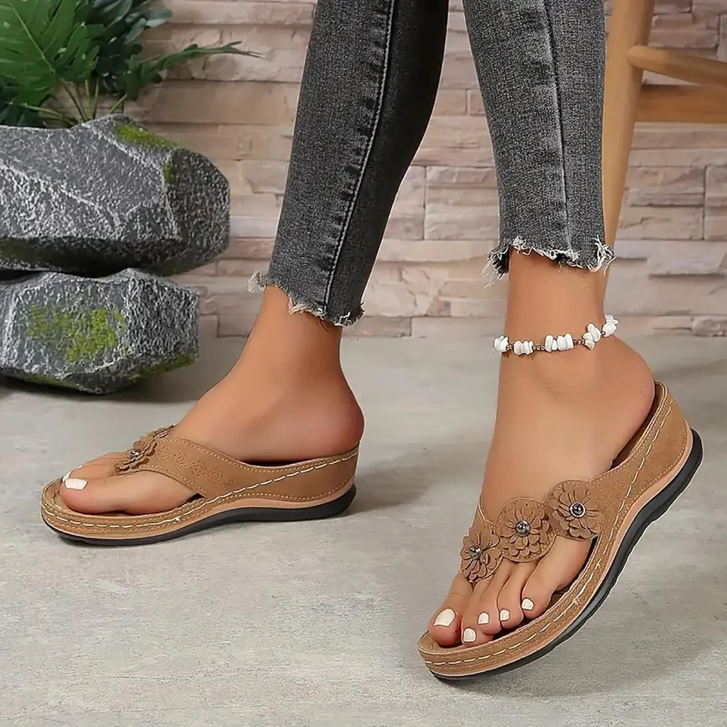 SuanlaTDS Orthopedic Sandals for Women, Women Dressy Summer Comfortable Wedge Platform Slip On Thong Sandals with Arch Support Flip Flops Wide Width Casual Walking SIides Sandals Slippers