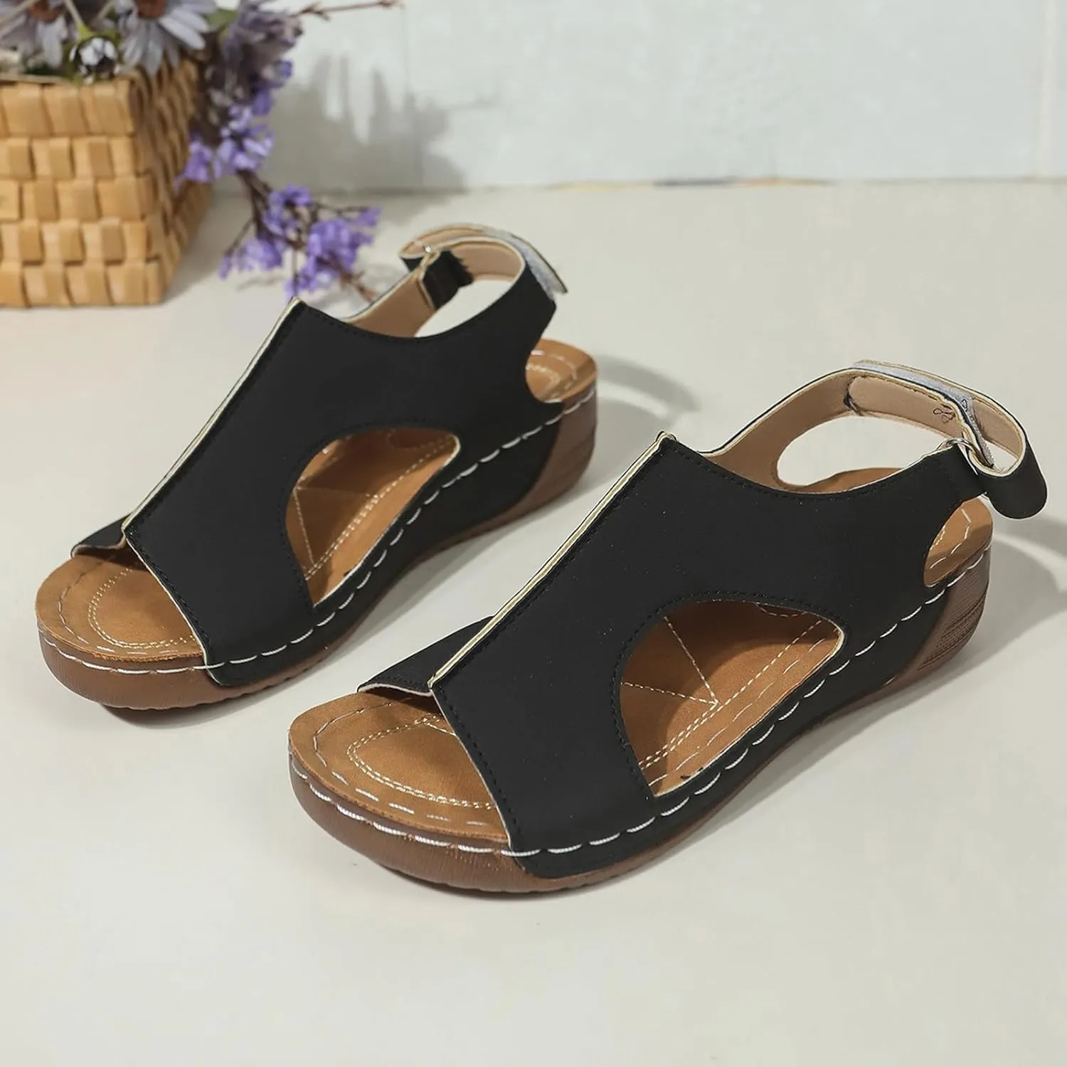 SuanlaTDS Orthopedic Wedge Sandals for Women 2025 Dressy Summer Platform Comfortable Aech Support Open Toe Boho Outdoor Walking Shoes Beach Casual Hook Loop Ankle Strap Low Heels Sandals