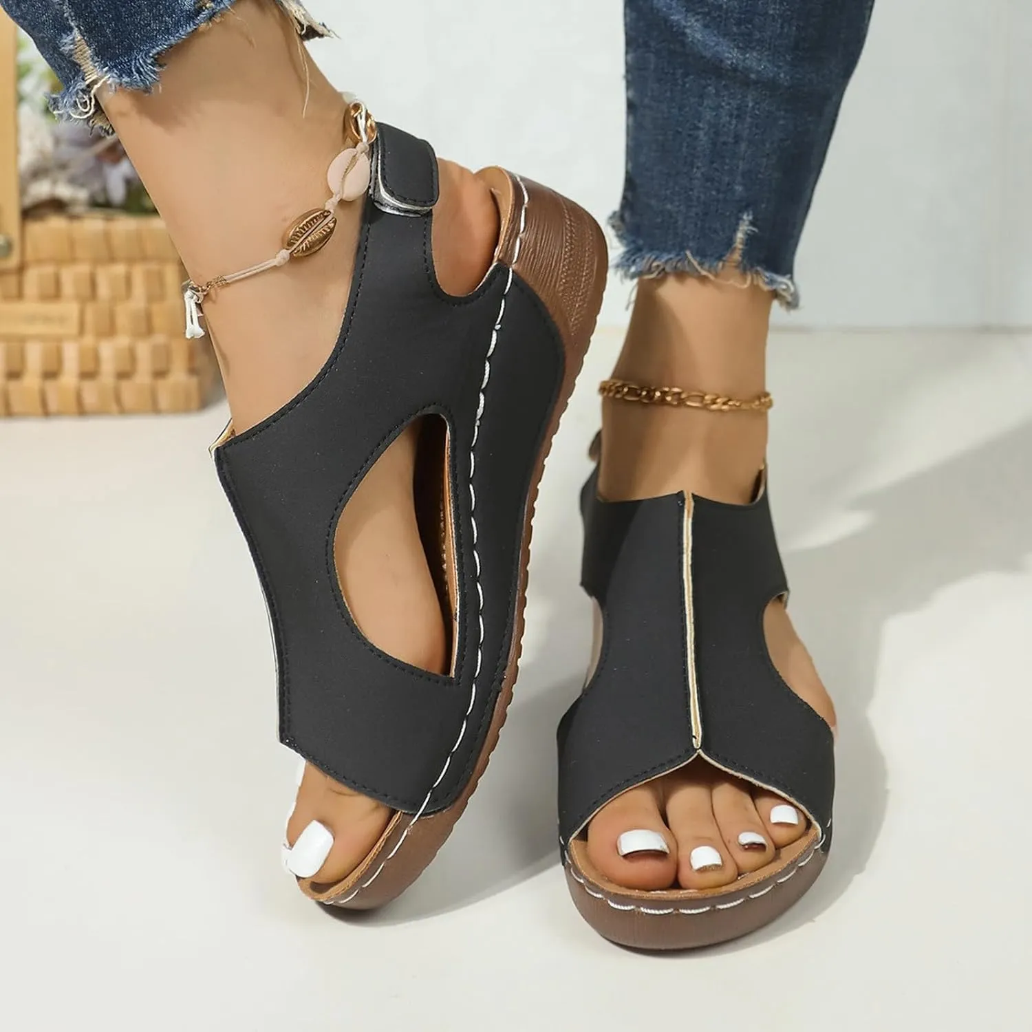 SuanlaTDS Orthopedic Wedge Sandals for Women 2025 Dressy Summer Platform Comfortable Aech Support Open Toe Boho Outdoor Walking Shoes Beach Casual Hook Loop Ankle Strap Low Heels Sandals
