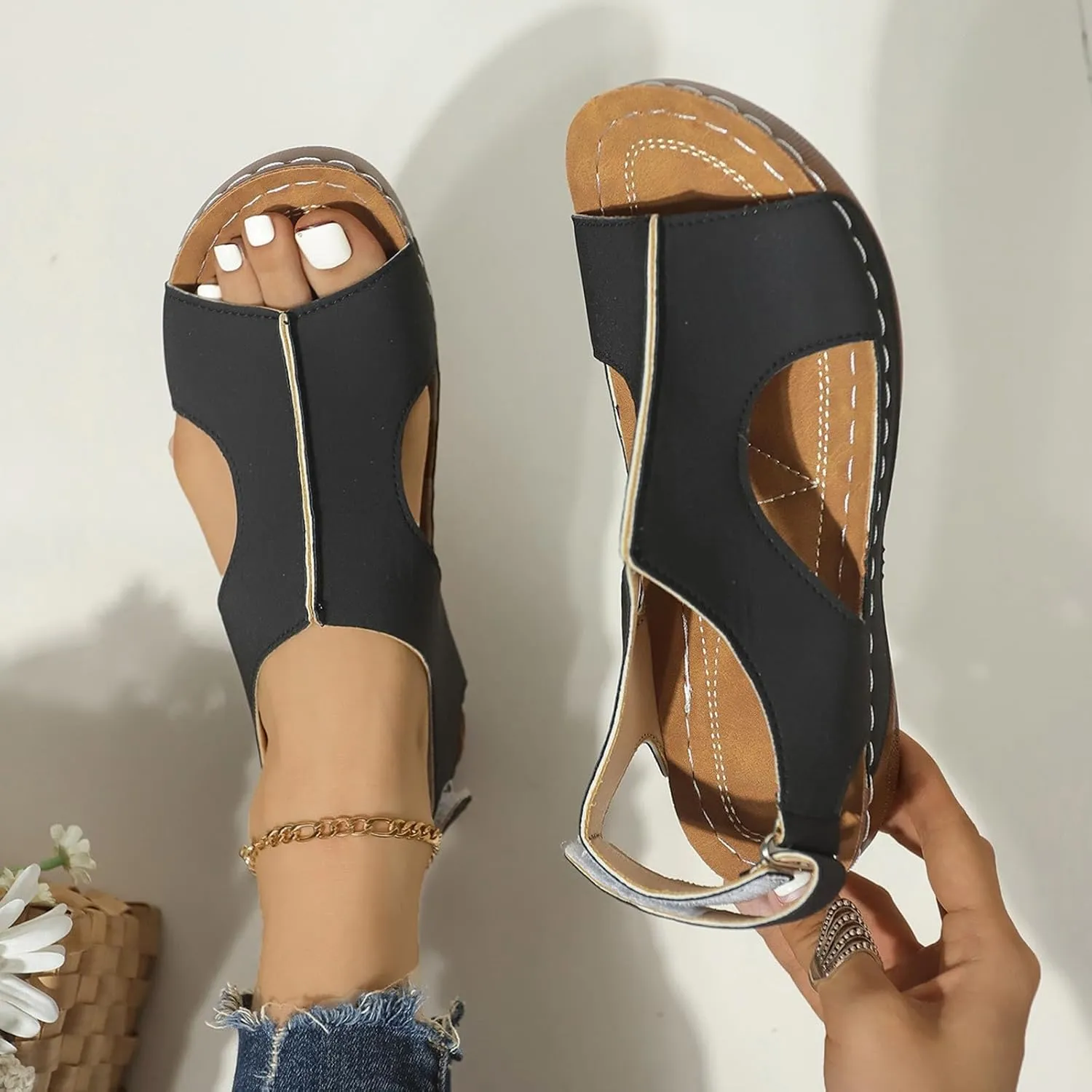 SuanlaTDS Orthopedic Wedge Sandals for Women 2025 Dressy Summer Platform Comfortable Aech Support Open Toe Boho Outdoor Walking Shoes Beach Casual Hook Loop Ankle Strap Low Heels Sandals