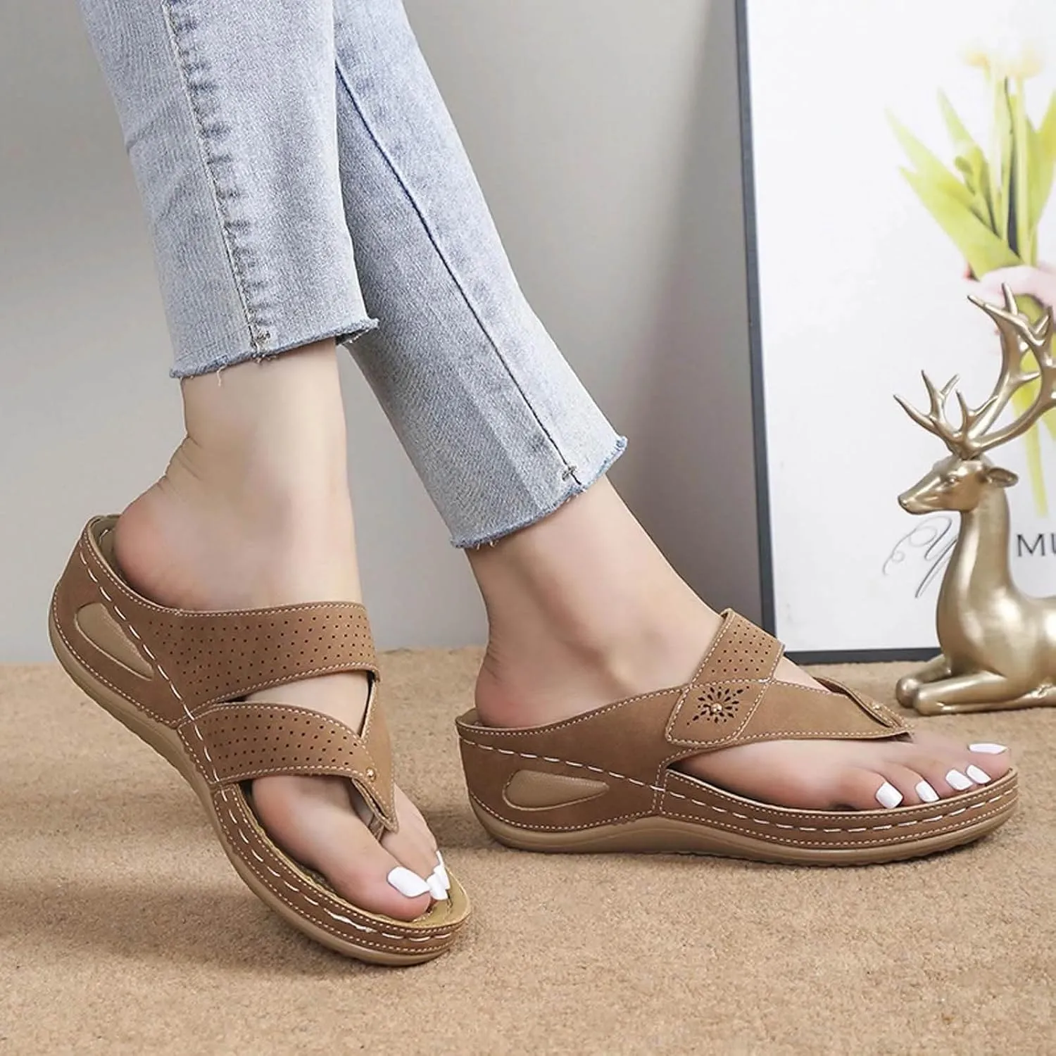 SuanlaTDS Orthopedic Wedge Sandals for Women Flip Flops Platform Open Toe Low Heels Summer Beach Dress Shoes 2025 Comfortable Outdoor Bohemian Dressy Arch Support Wedges Sandal for Party