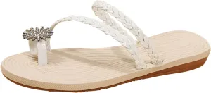 SuanlaTDS Sandals for Women Flat Flip Flops Toe Ring Slip On Slides Slippers 2025 Comfortable Dressy Summer Outdoor Walking Beach Shoes Low Heel Party Wedding Flats Slide Sandal