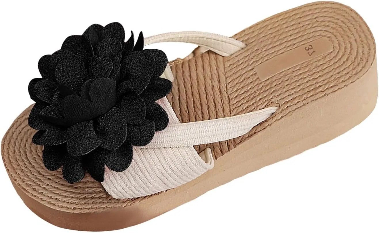 SuanlaTDS Wedge Platform Sandals for Women 2025 Dressy Summer Flop Flops Comfortable Outdoor Flower Open Toe Slip-On High Wedges Heels Slides Sandal Slippers Walking Beach Shoes