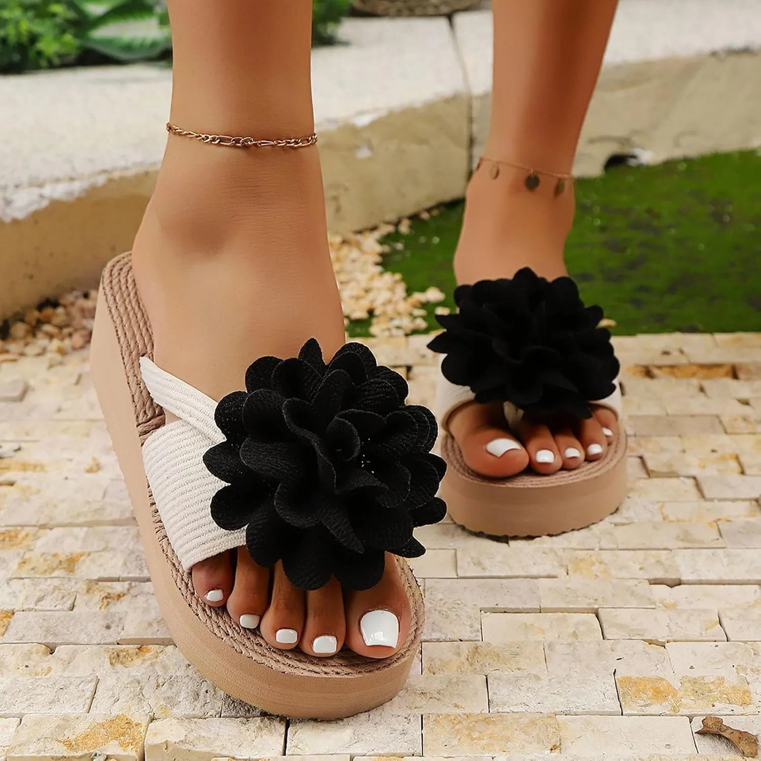 SuanlaTDS Wedge Platform Sandals for Women 2025 Dressy Summer Flop Flops Comfortable Outdoor Flower Open Toe Slip-On High Wedges Heels Slides Sandal Slippers Walking Beach Shoes