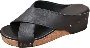 SuanlaTDS Wedge Sandals for Women 2025 Platform Comfortable Dressy Summer Casual Slip-on Slides High Heels Flip Flops Beach Outdoor Party Shoes Crisscross Open Toe Wedges Sandal Mules