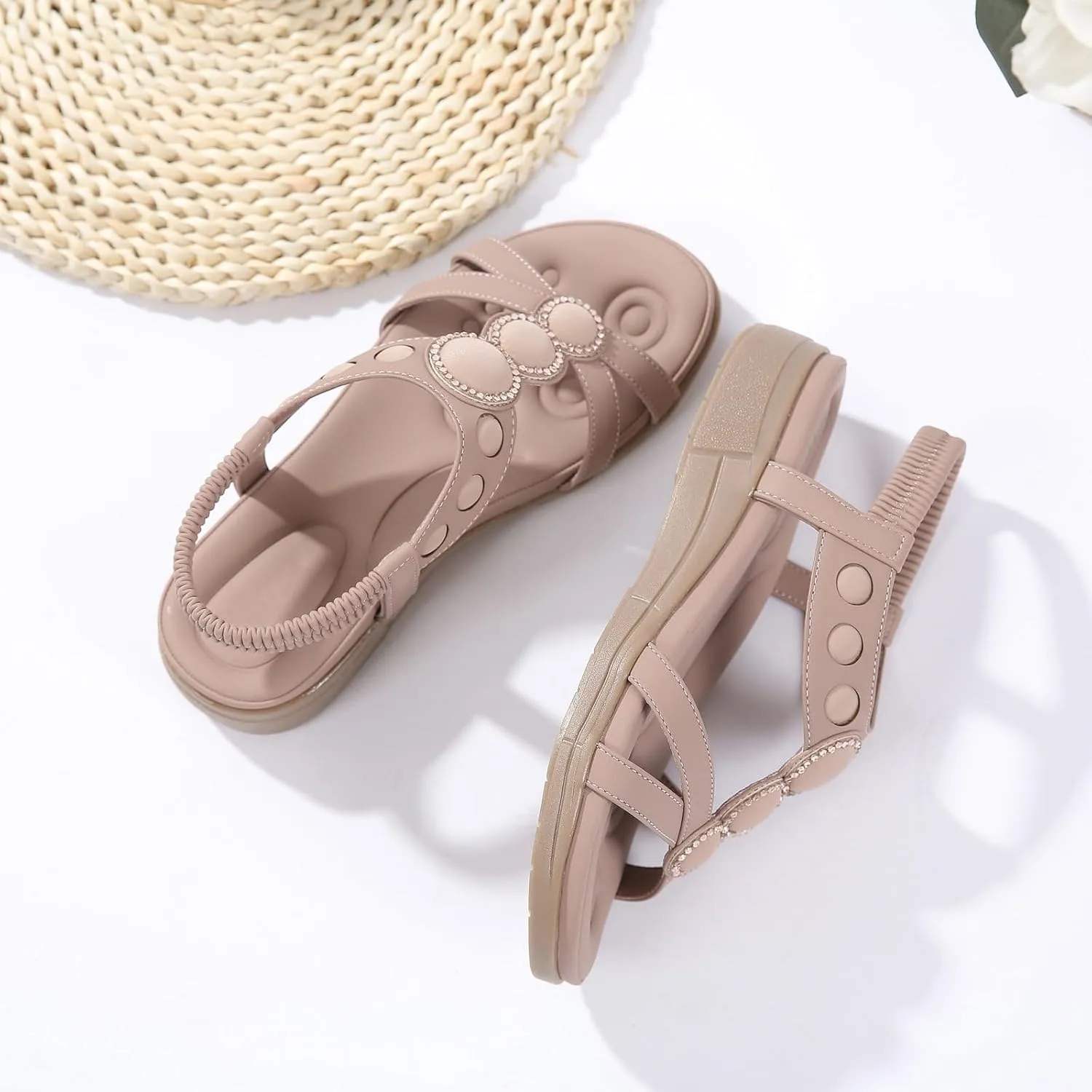 SuanlaTDS Wedge Sandals for Women Comfortable Arch Support Platform Low Heels Sandal Summer Beach Wedges Open Toe Elastic Ankle Strap Slip On Slides Sandals Flat Outdoor Walking Shoes