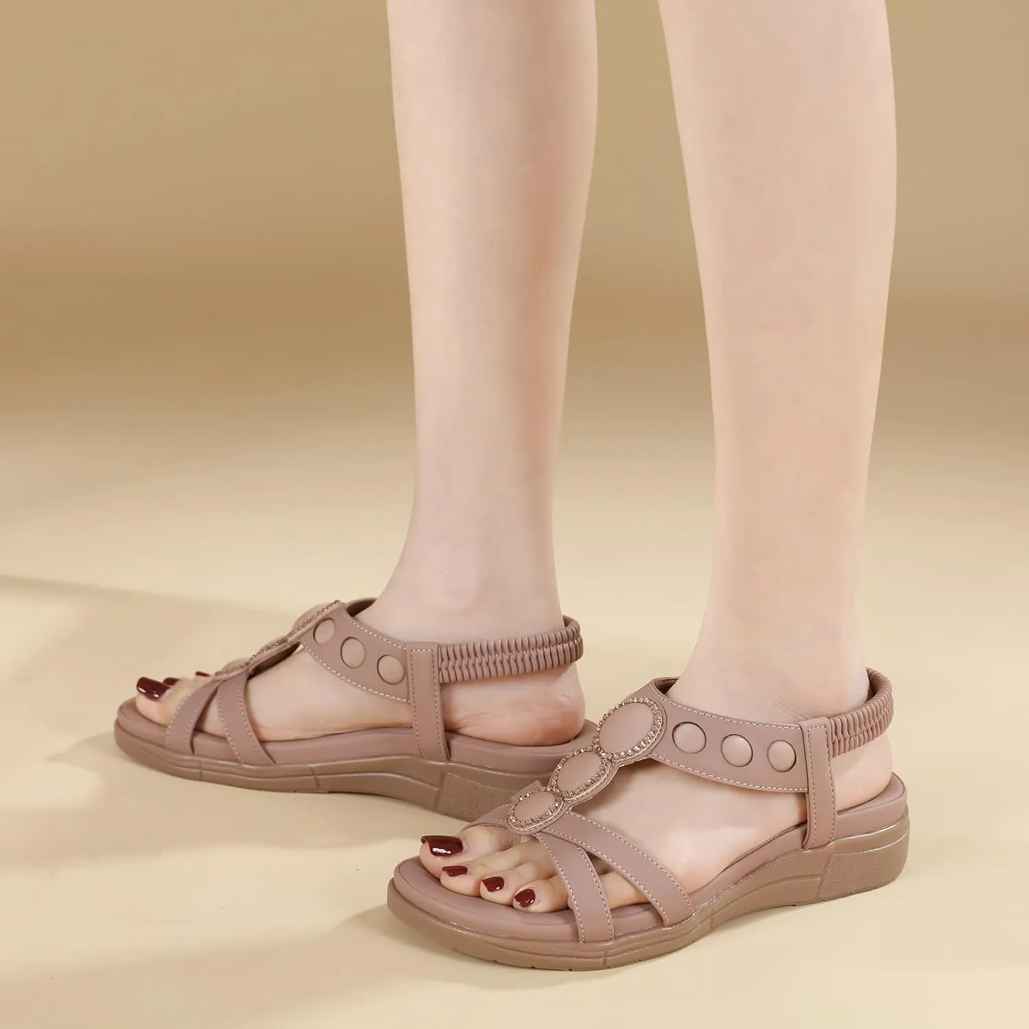 SuanlaTDS Wedge Sandals for Women Comfortable Arch Support Platform Low Heels Sandal Summer Beach Wedges Open Toe Elastic Ankle Strap Slip On Slides Sandals Flat Outdoor Walking Shoes