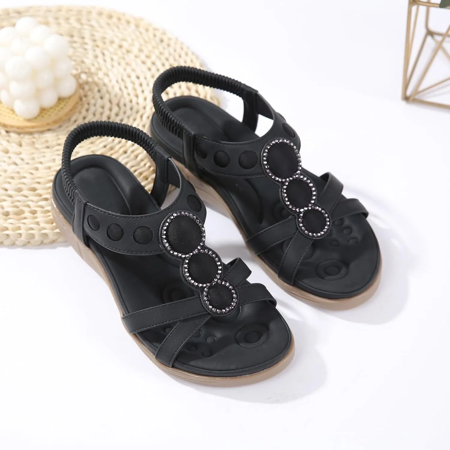 SuanlaTDS Wedge Sandals for Women Comfortable Arch Support Platform Low Heels Sandal Summer Beach Wedges Open Toe Elastic Ankle Strap Slip On Slides Sandals Flat Outdoor Walking Shoes