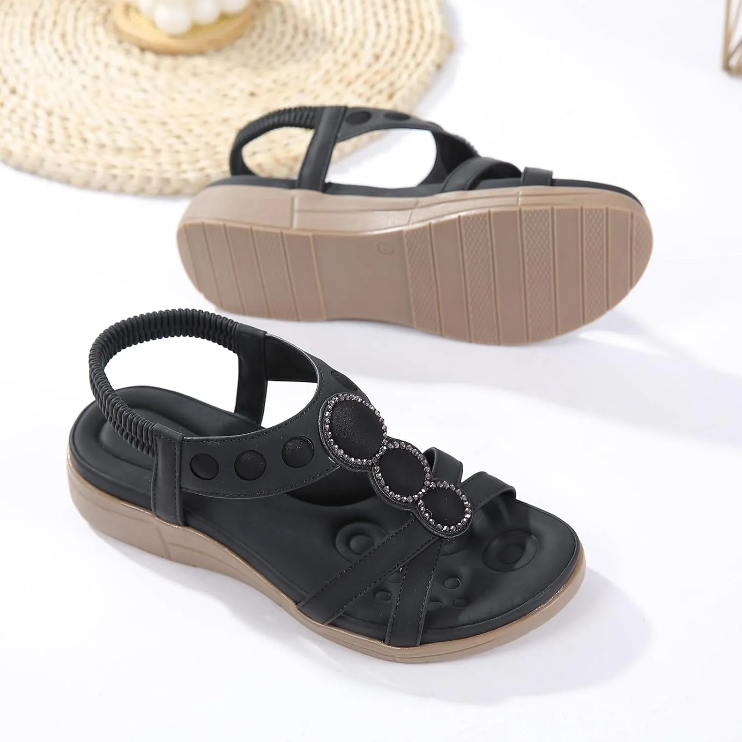 SuanlaTDS Wedge Sandals for Women Comfortable Arch Support Platform Low Heels Sandal Summer Beach Wedges Open Toe Elastic Ankle Strap Slip On Slides Sandals Flat Outdoor Walking Shoes