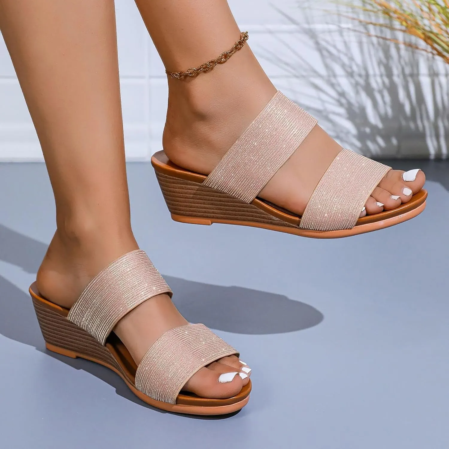 SuanlaTDS Wedge Sandals for Women Dressy 2025 Comfortable Open Toe Beach Walking Shoes Party Summer Slip-on Platform Slides Outdoor High Heels Wedges Sandal Slippers Mules
