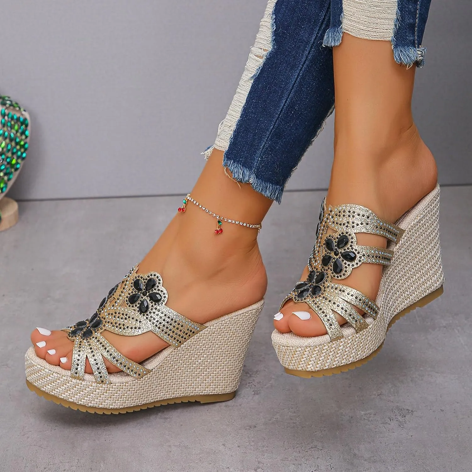 SuanlaTDS Wedge Sandals for Women Dressy Summer Espadrille Platform Slip On Comfortable Beach Walking Shoes Rhinestones Open Toe Wedges Slides High Heels Party Sandal Slippers