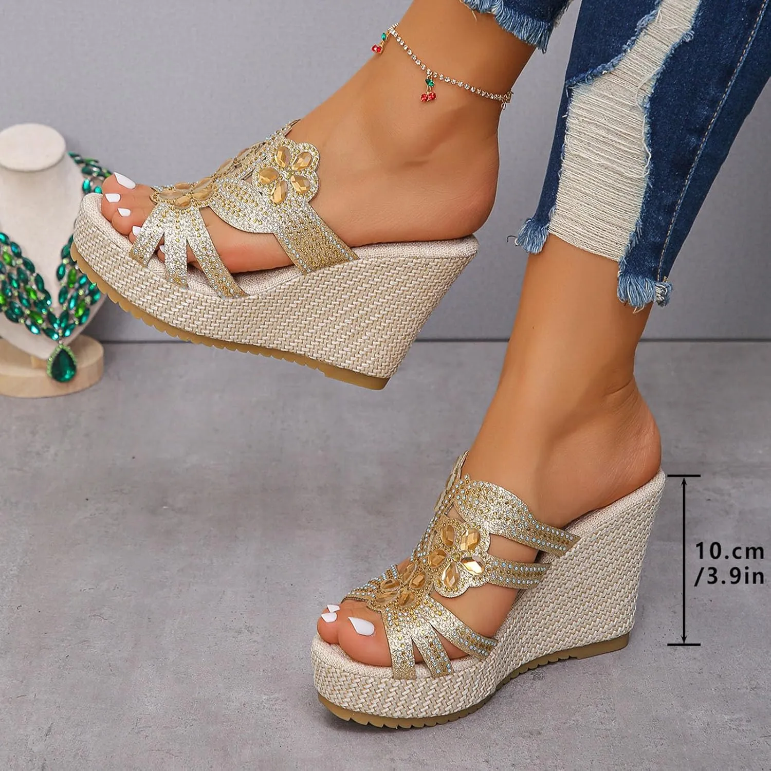 SuanlaTDS Wedge Sandals for Women Dressy Summer Espadrille Platform Slip On Comfortable Beach Walking Shoes Rhinestones Open Toe Wedges Slides High Heels Party Sandal Slippers