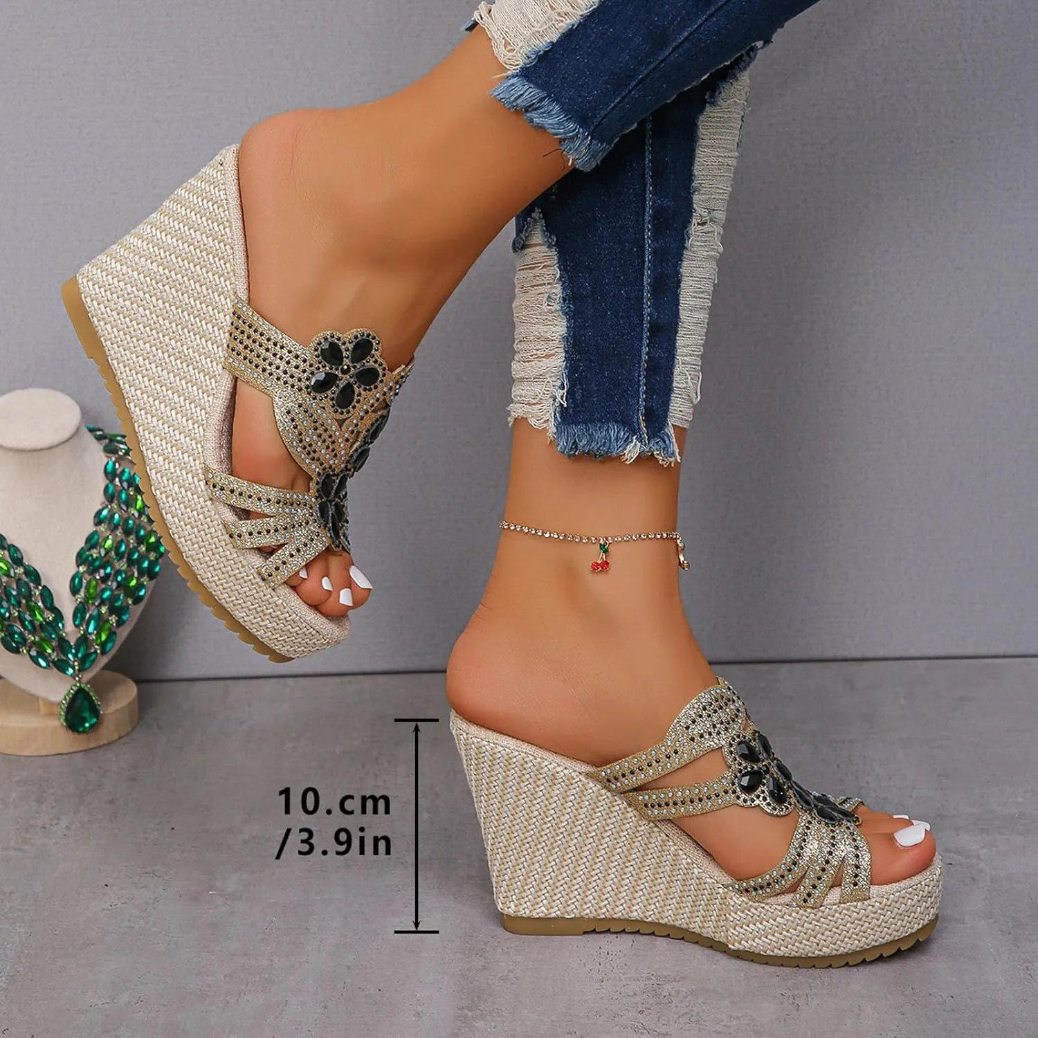 SuanlaTDS Wedge Sandals for Women Dressy Summer Espadrille Platform Slip On Comfortable Beach Walking Shoes Rhinestones Open Toe Wedges Slides High Heels Party Sandal Slippers