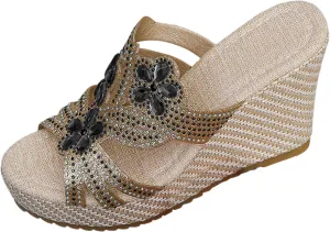 SuanlaTDS Wedge Sandals for Women Dressy Summer Espadrille Platform Slip On Comfortable Beach Walking Shoes Rhinestones Open Toe Wedges Slides High Heels Party Sandal Slippers