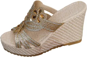 SuanlaTDS Wedge Sandals for Women Dressy Summer Espadrille Platform Slip On Comfortable Beach Walking Shoes Rhinestones Open Toe Wedges Slides High Heels Party Sandal Slippers