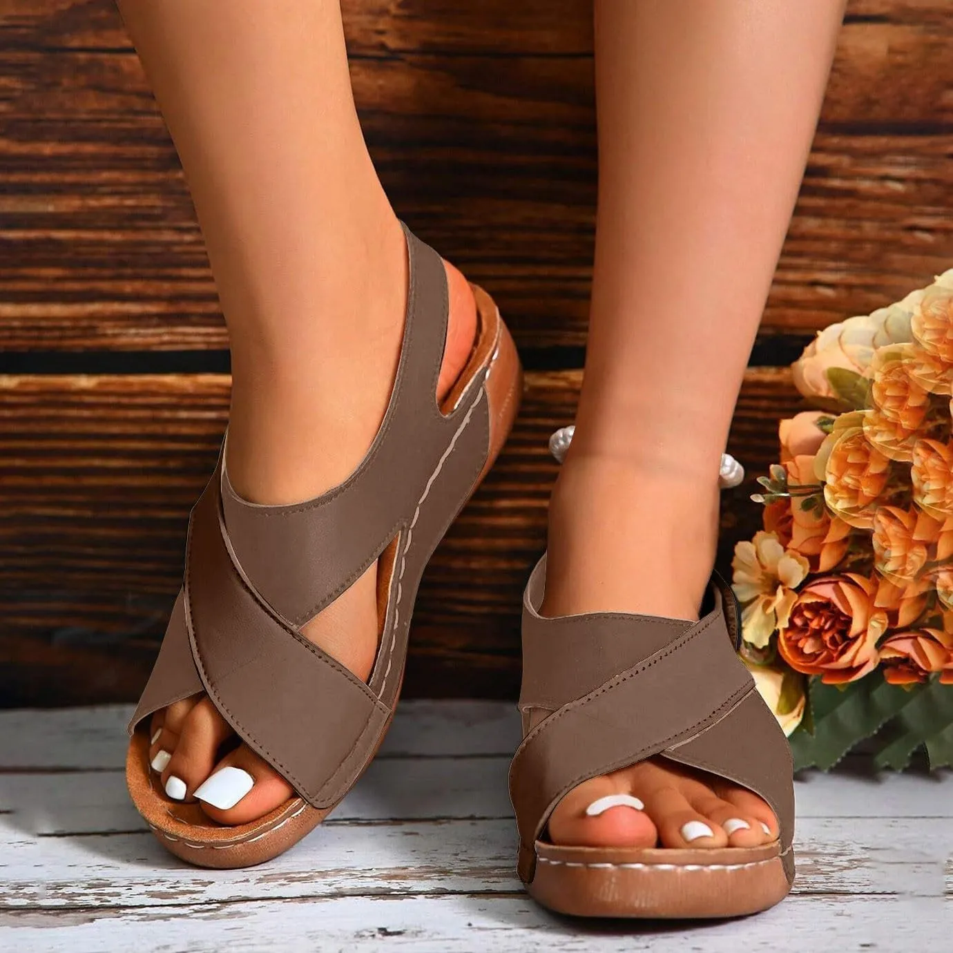 SuanlaTDS Wedge Sandals for Women Orthopedic Arch Support Comfortable Crisscross Open Toe Adjustable Ankle Strap Dressy Summer Platform Thick Sole Low Wedges Heels Elegant Sandal for Party