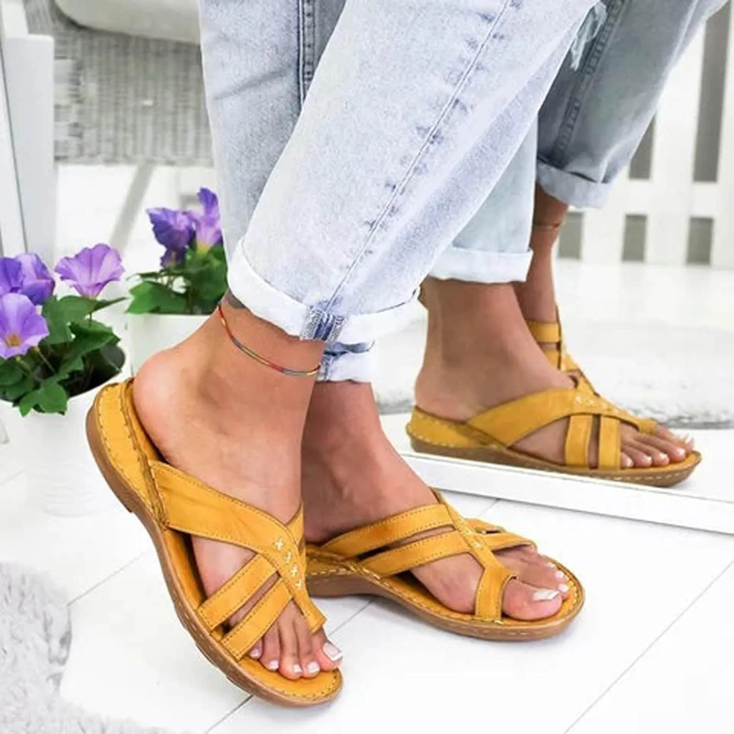 SuanlaTDS Wedge Sandals for Women Platform Flip Flops with Arch Support Comfortable Toe Ring Slip On Slide Orthopedic Sandals Casual Summer Beach Open-toe High Heels Wedges Sandals