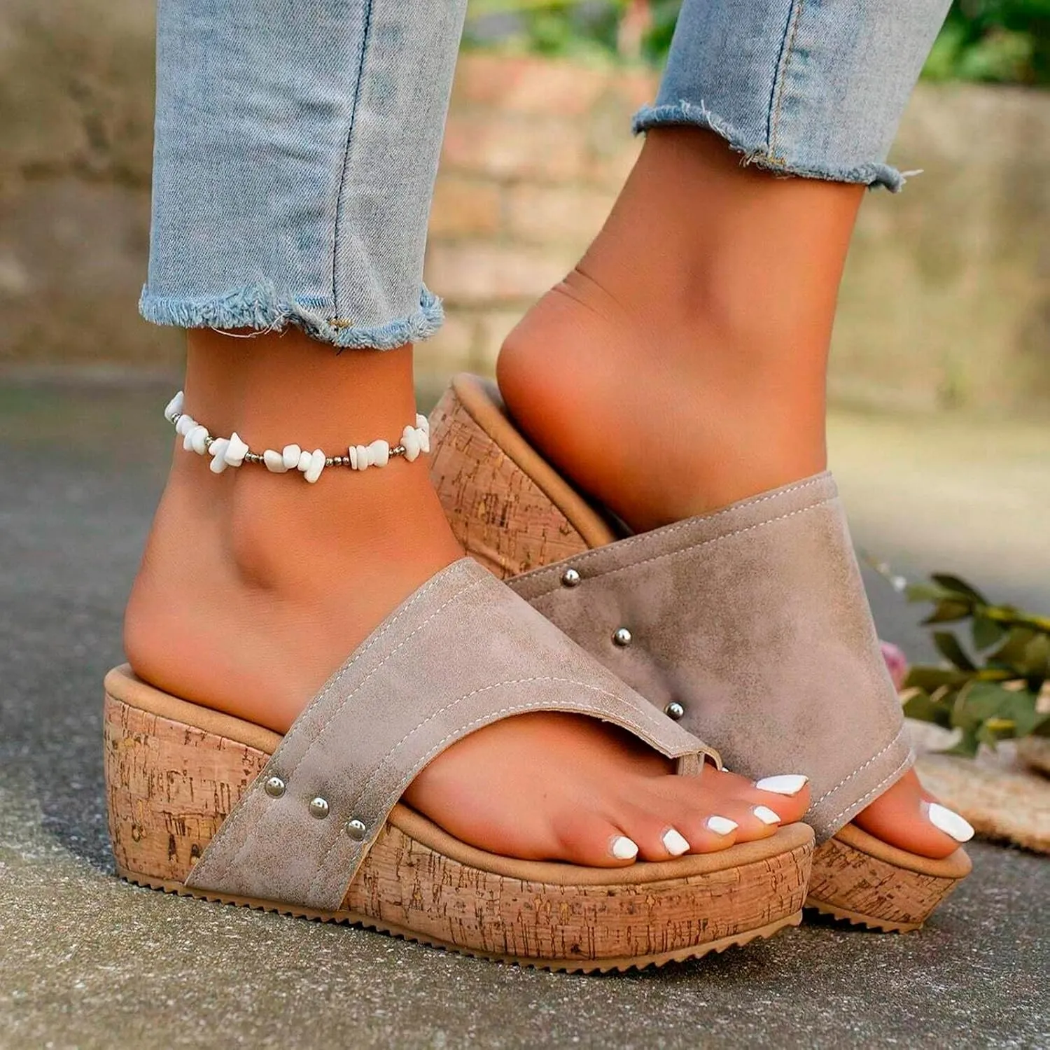 SuanlaTDS Women Wedge Slides Sandals 2025 Leather Flip Flops Toe Ring Platform Comfortable Slip-on Slides Elegant Bohemian Beach Wedding Dressy Outdoor Summer Shoes High Wedges Heels Sandal