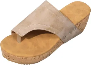 SuanlaTDS Women Wedge Slides Sandals 2025 Leather Flip Flops Toe Ring Platform Comfortable Slip-on Slides Elegant Bohemian Beach Wedding Dressy Outdoor Summer Shoes High Wedges Heels Sandal