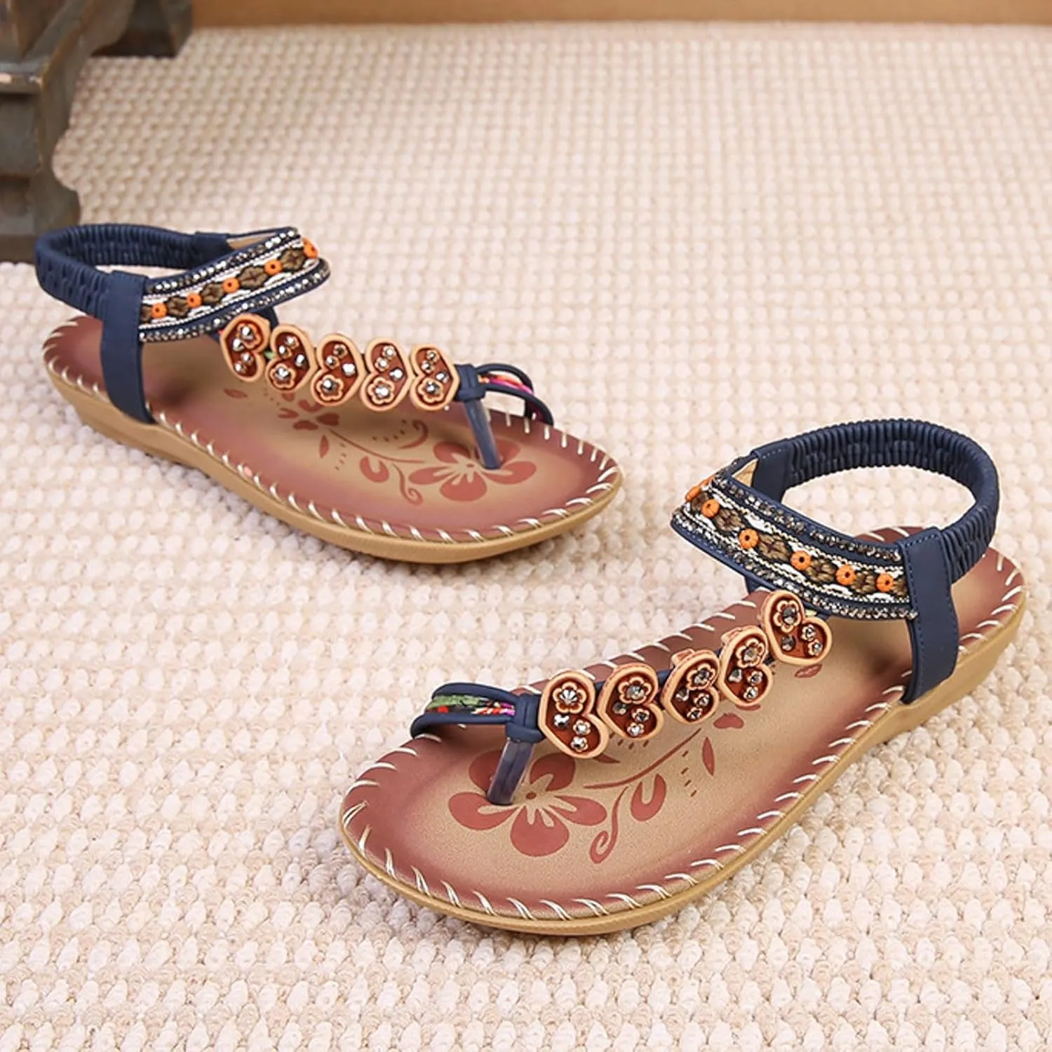 SuanlaTDS Women's Flat Sandals 2025 Summer Slides Slip-on Comfortable Toe Ring Bohemian Low Heel Dressy Elastic Ankle Strap Beach Vacation Walking Shoes Outdoor Party Flats Slide Sandal