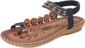SuanlaTDS Women's Flat Sandals 2025 Summer Slides Slip-on Comfortable Toe Ring Bohemian Low Heel Dressy Elastic Ankle Strap Beach Vacation Walking Shoes Outdoor Party Flats Slide Sandal