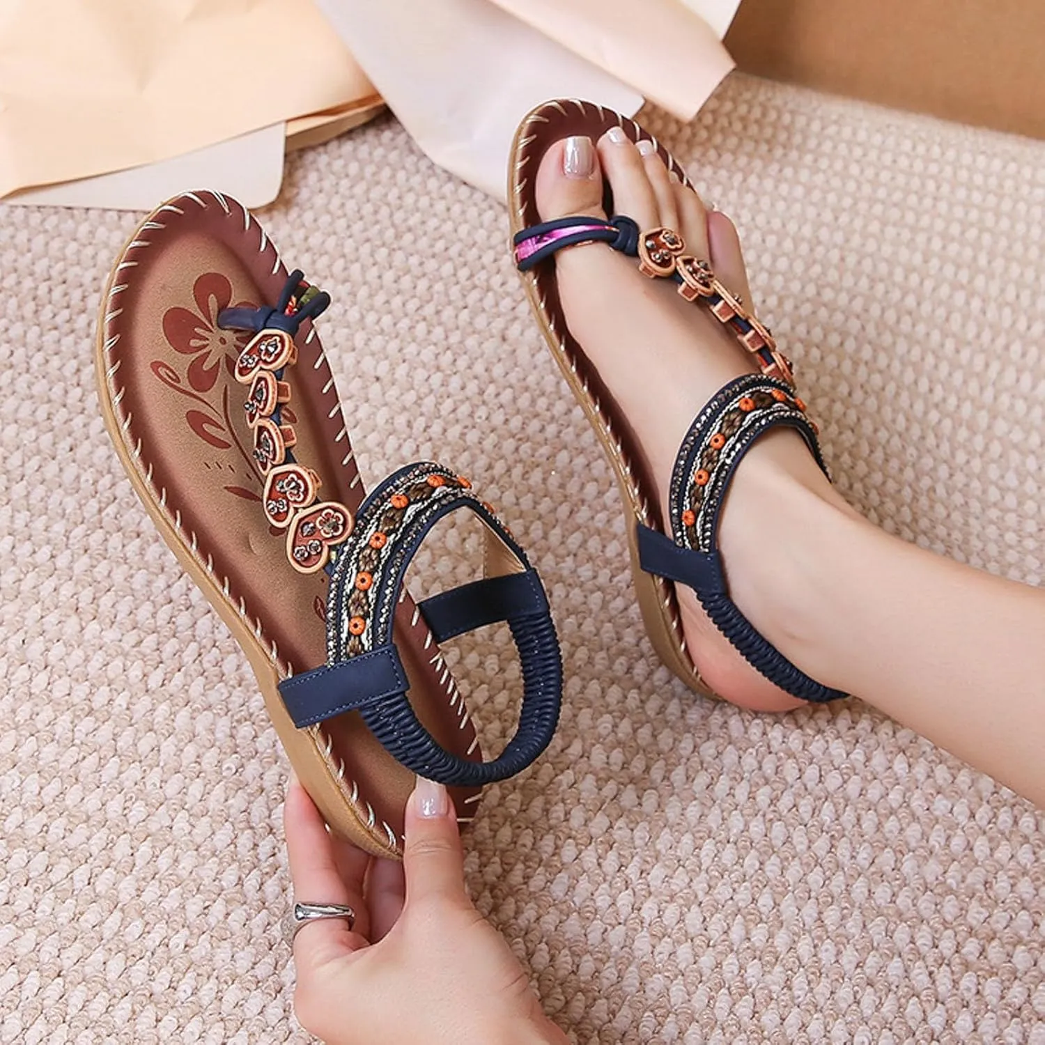 SuanlaTDS Women's Flat Sandals 2025 Summer Slides Slip-on Comfortable Toe Ring Bohemian Low Heel Dressy Elastic Ankle Strap Beach Vacation Walking Shoes Outdoor Party Flats Slide Sandal