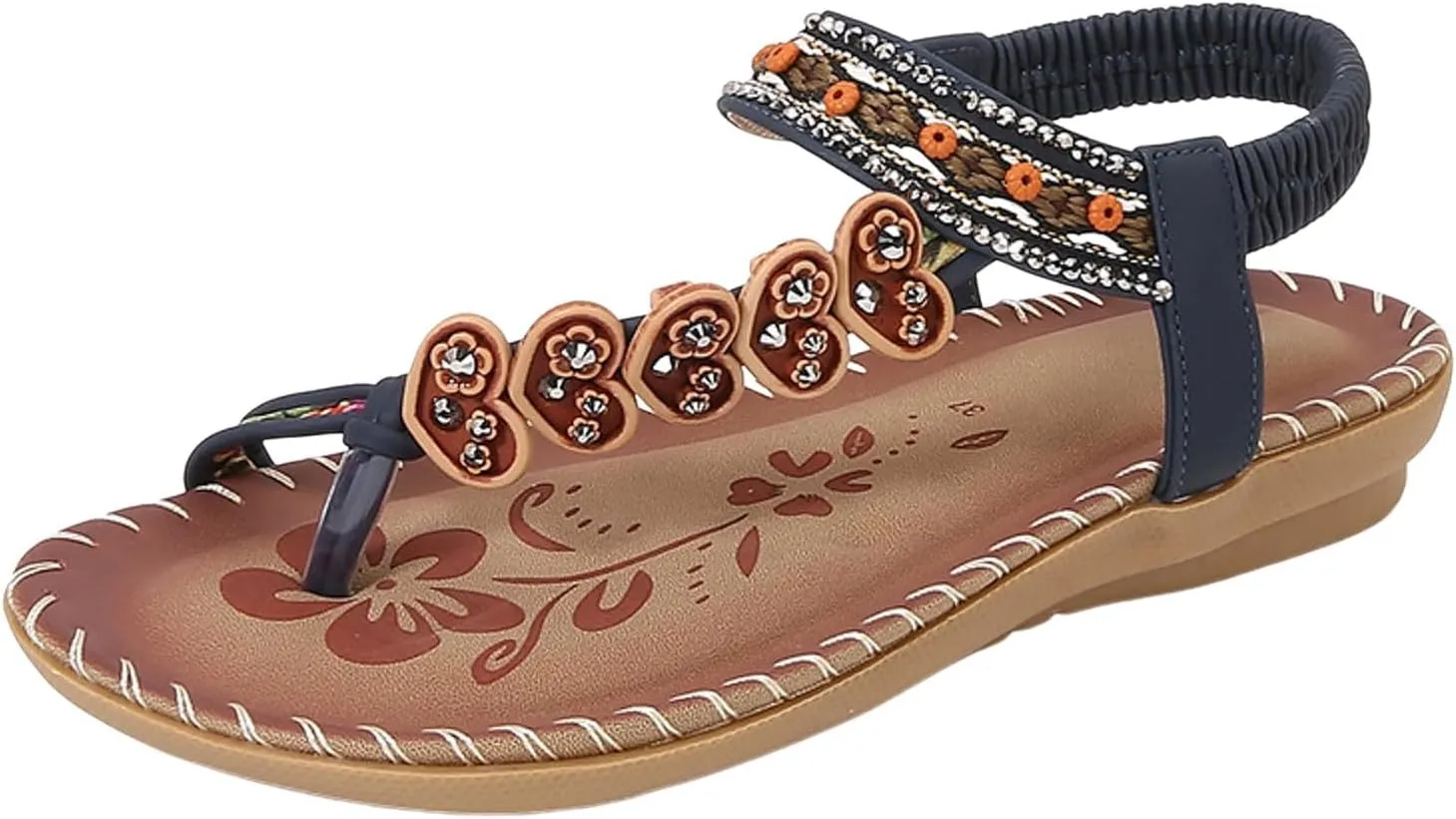 SuanlaTDS Women's Flat Sandals 2025 Summer Slides Slip-on Comfortable Toe Ring Bohemian Low Heel Dressy Elastic Ankle Strap Beach Vacation Walking Shoes Outdoor Party Flats Slide Sandal