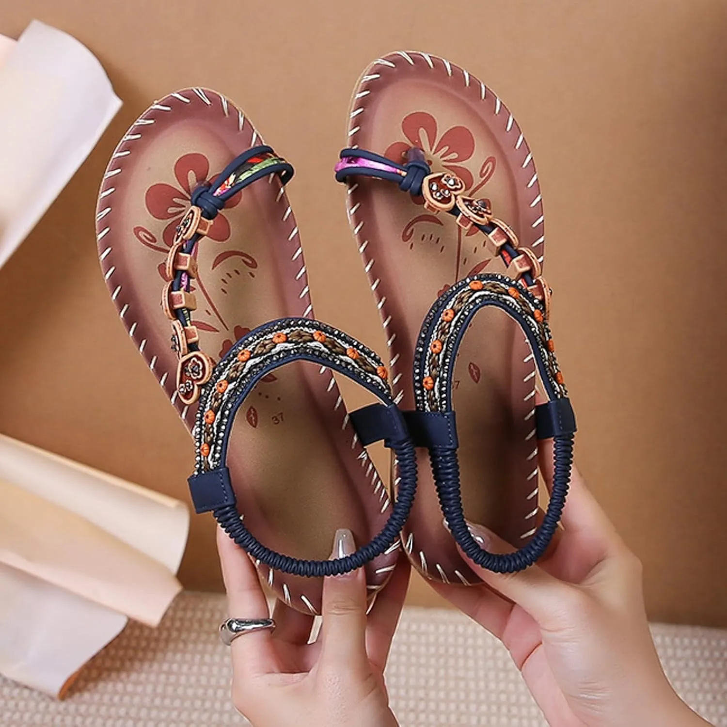 SuanlaTDS Women's Flat Sandals 2025 Summer Slides Slip-on Comfortable Toe Ring Bohemian Low Heel Dressy Elastic Ankle Strap Beach Vacation Walking Shoes Outdoor Party Flats Slide Sandal