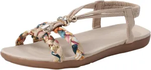 SuanlaTDS Women’s Flat Sandals Comfort Elastic Ankle Strap Rhinestone T-strap Open Toe Slip-on Slides Sandal 2025 Casual Walking Summer Comfortable Dressy Beach Boho Low Heel Outdoor Flats Shoes
