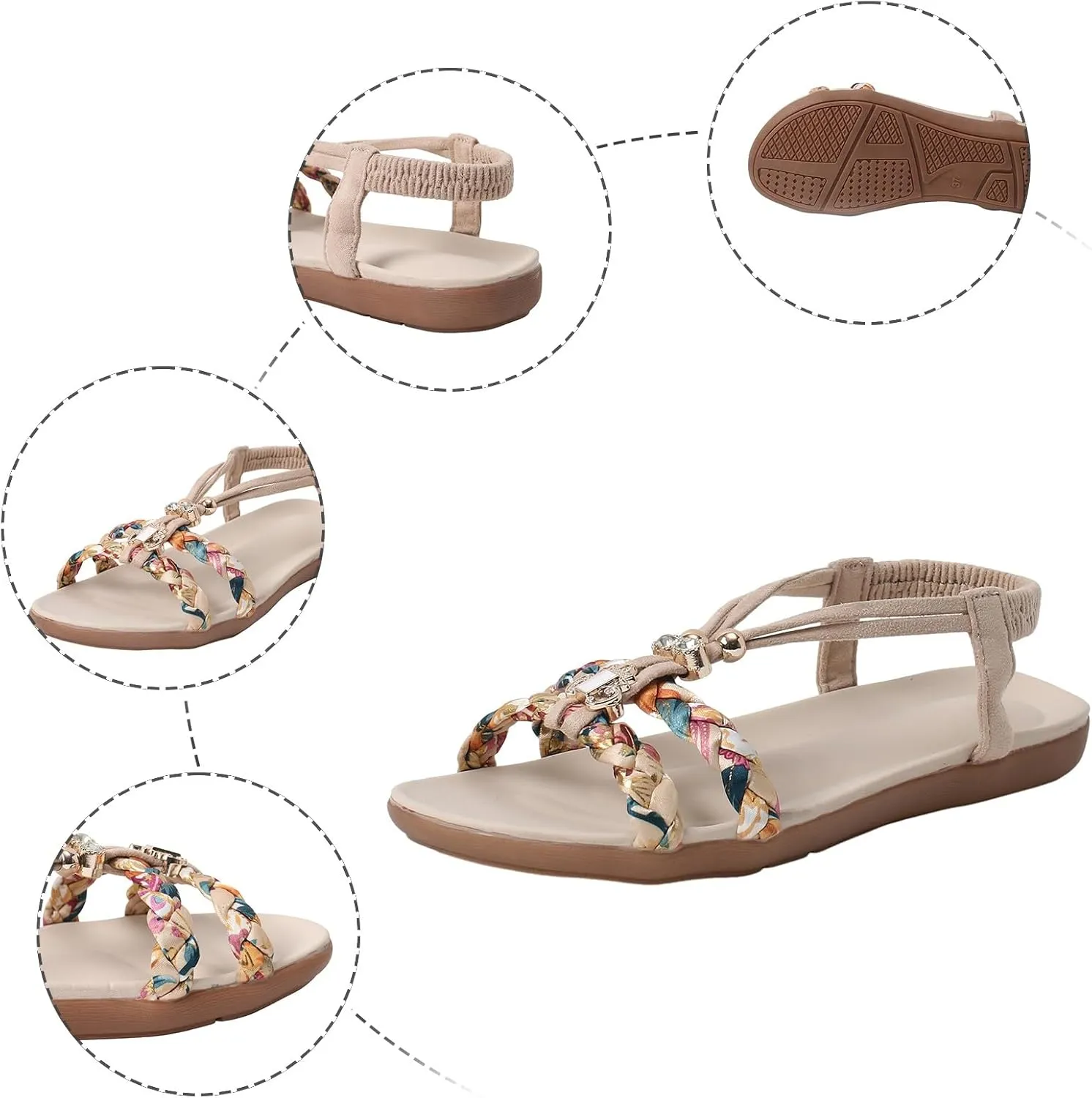 SuanlaTDS Women’s Flat Sandals Comfort Elastic Ankle Strap Rhinestone T-strap Open Toe Slip-on Slides Sandal 2025 Casual Walking Summer Comfortable Dressy Beach Boho Low Heel Outdoor Flats Shoes