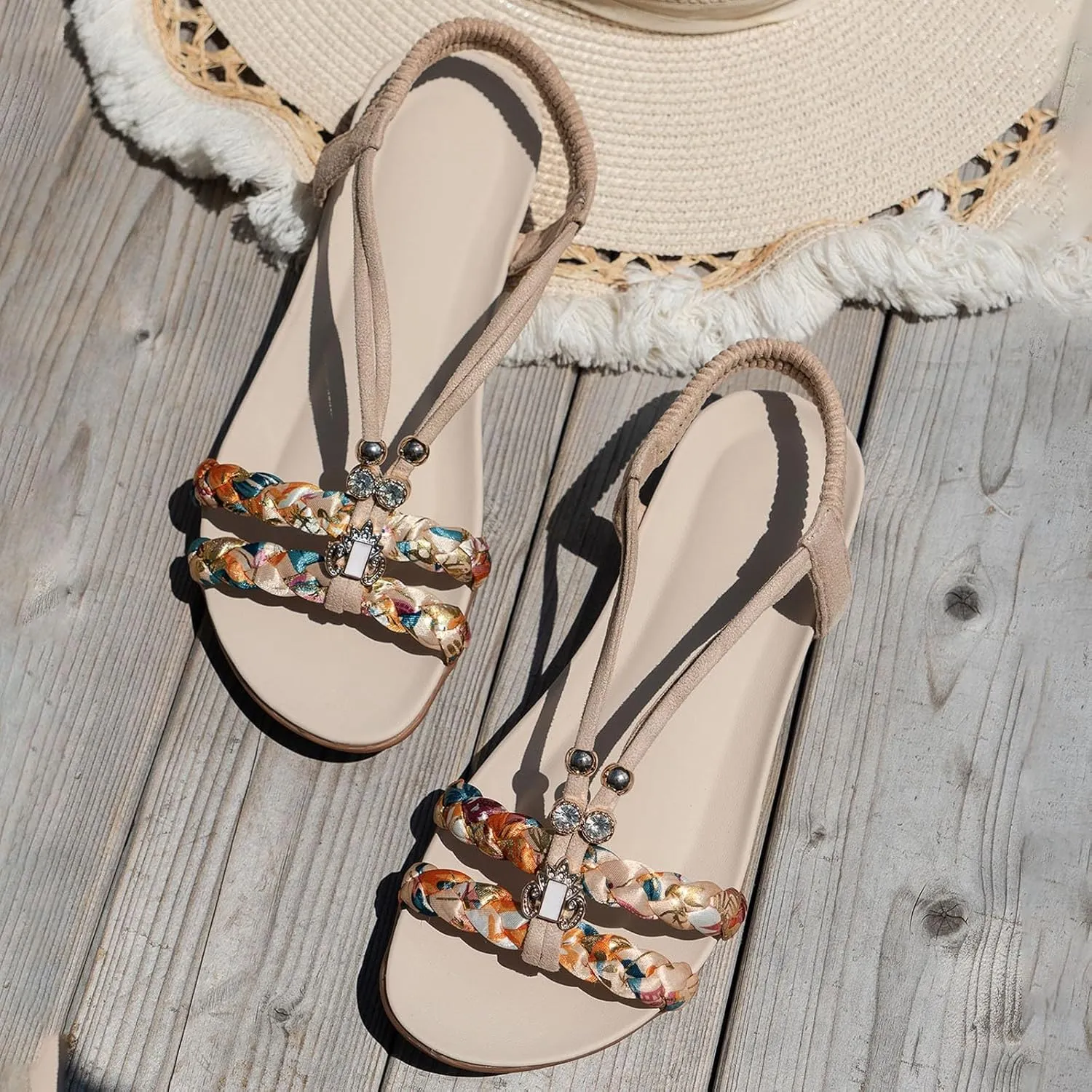 SuanlaTDS Women’s Flat Sandals Comfort Elastic Ankle Strap Rhinestone T-strap Open Toe Slip-on Slides Sandal 2025 Casual Walking Summer Comfortable Dressy Beach Boho Low Heel Outdoor Flats Shoes