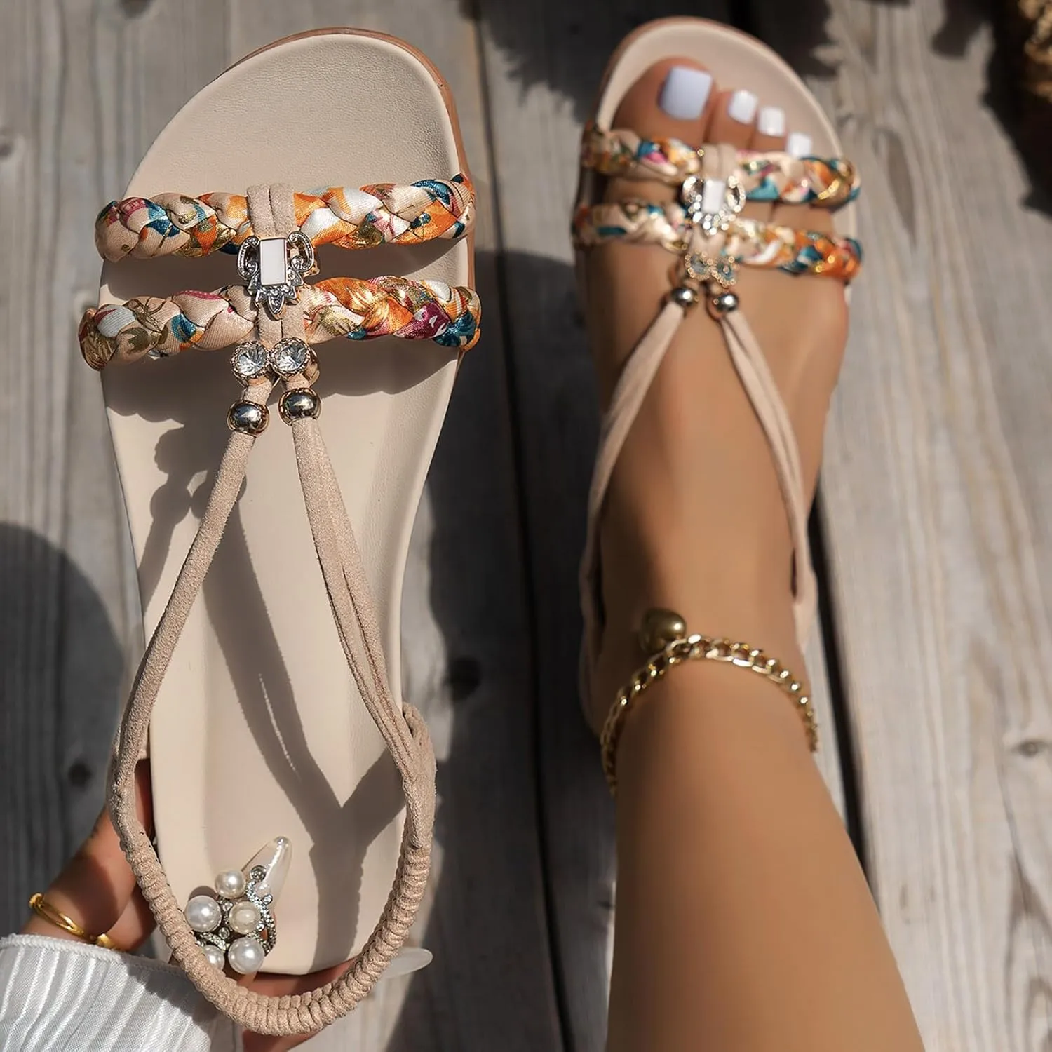SuanlaTDS Women’s Flat Sandals Comfort Elastic Ankle Strap Rhinestone T-strap Open Toe Slip-on Slides Sandal 2025 Casual Walking Summer Comfortable Dressy Beach Boho Low Heel Outdoor Flats Shoes