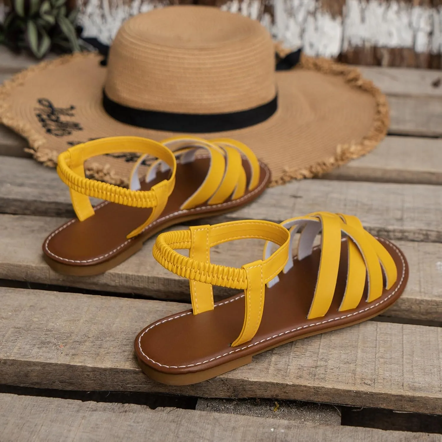 SuanlaTDS Women’s Flat Sandals Dressy 2025 Summer Elastic Ankle Strap Slip-on Crisscross Strappy Open Toe Slingback Gladiator Shoes Comfortable Walking Flats Sandal for Party Beach Vacation