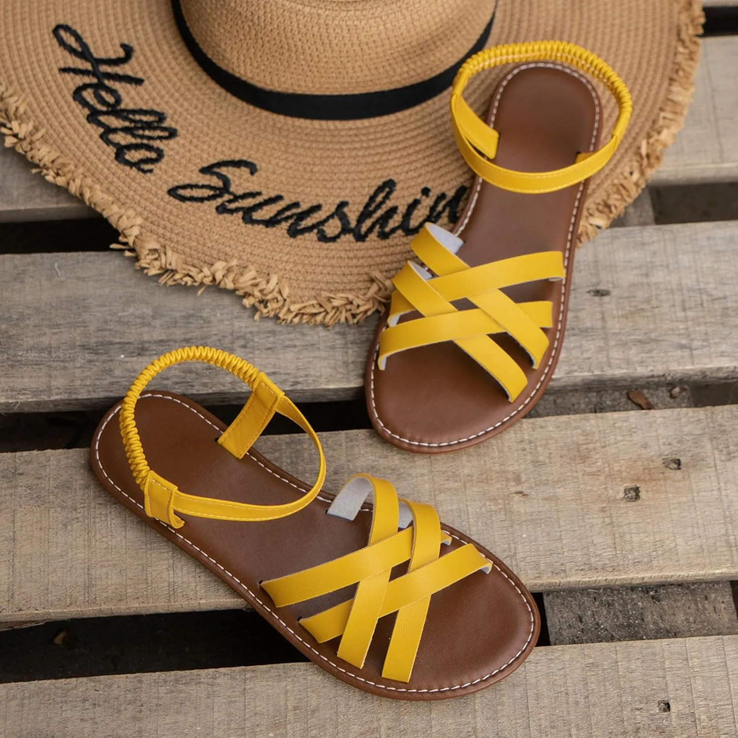 SuanlaTDS Women’s Flat Sandals Dressy 2025 Summer Elastic Ankle Strap Slip-on Crisscross Strappy Open Toe Slingback Gladiator Shoes Comfortable Walking Flats Sandal for Party Beach Vacation