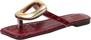 SuanlaTDS Women's Flat Sandals Dressy Classic Summer Beach Vacation Comfortable Flip Flops with Metal Decoration Square Open Toe Slip-on Slides Slippers 2025 Sexy Low Heel Flats Sandal