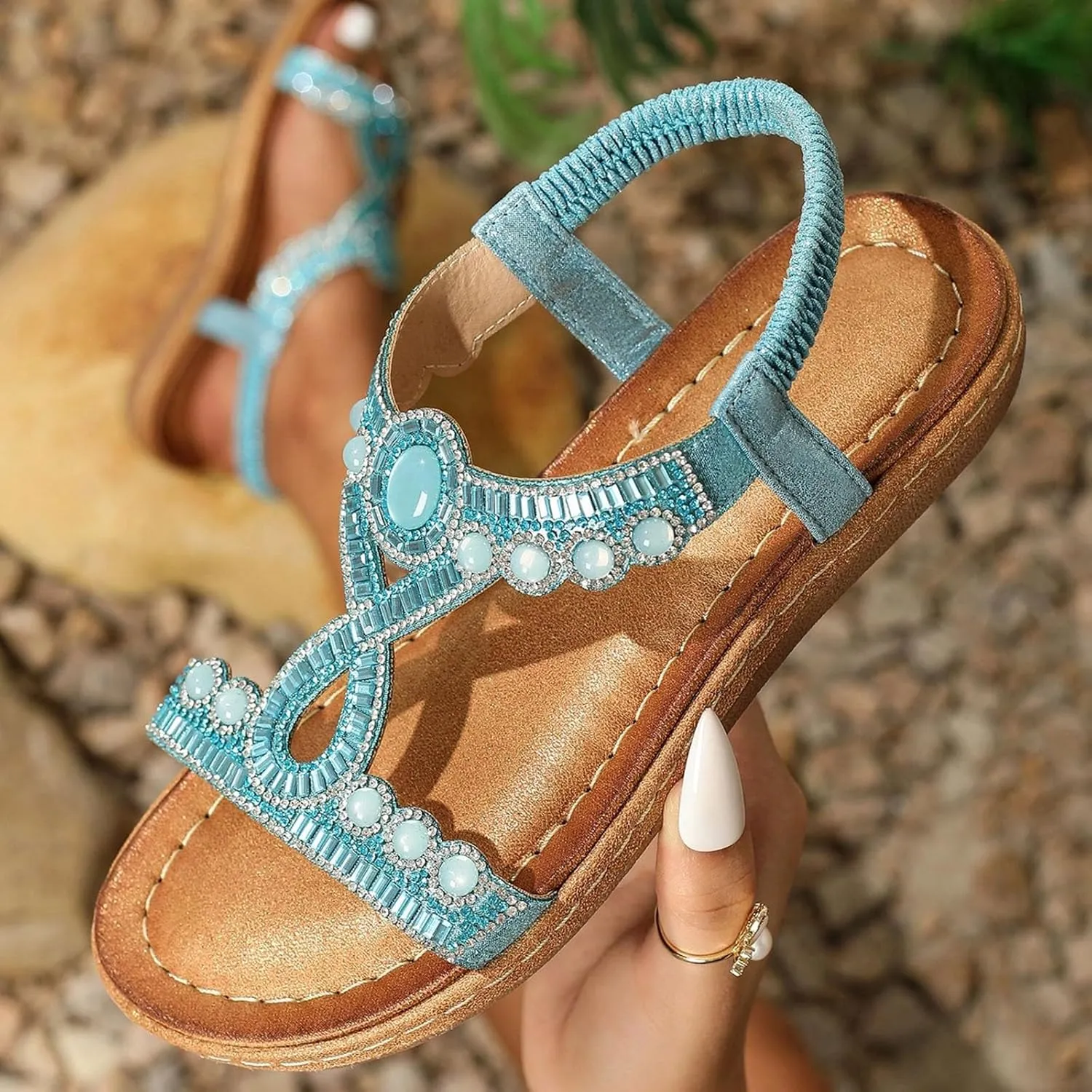 SuanlaTDS Womens Flat Sandals Dressy Rhinestone T-strap Open Toe Low Wedges Heel Elastic Ankle Strap Slip-on Slides 2025 Summer Thick Sole Boho Beach Shoes Party Wedding Bride Flats Sandal