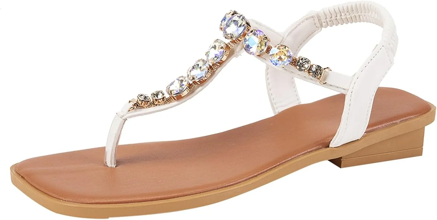 SuanlaTDS Womens Flat Sandals Rhinestone T-strap Square Toe Thong Flip Flops Dressy Summer 2025 Comfortable Low Heel Elastic Ankle Strap Slip-on Slides Flats Sandal for Party Wedding Bride