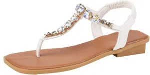 SuanlaTDS Womens Flat Sandals Rhinestone T-strap Square Toe Thong Flip Flops Dressy Summer 2025 Comfortable Low Heel Elastic Ankle Strap Slip-on Slides Flats Sandal for Party Wedding Bride